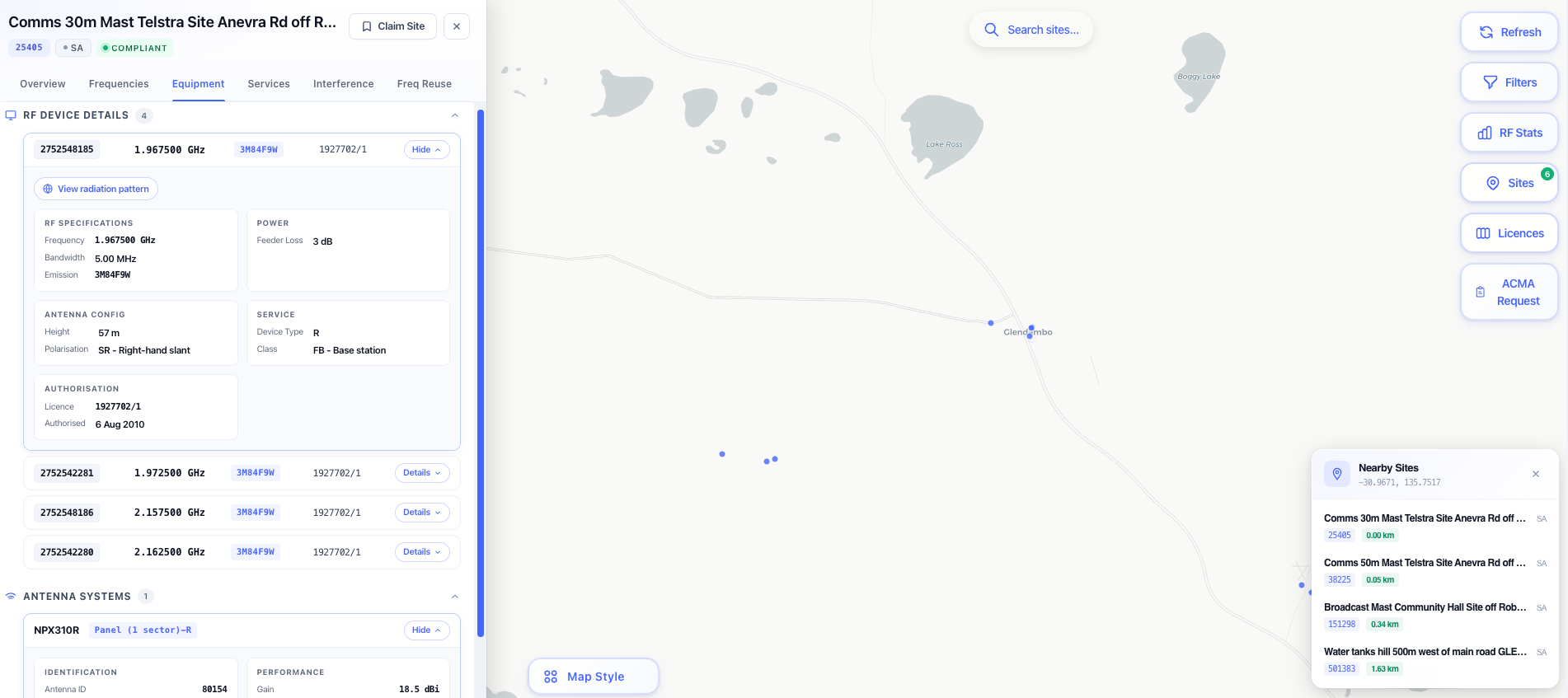 Devices and Antennas tabs with the antenna details modal open on a selected antenna.