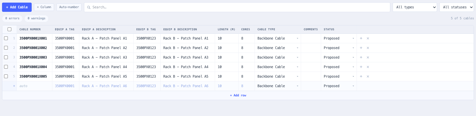 Inline spreadsheet-style grid — type or paste, with cable numbers auto-generated on type selection.