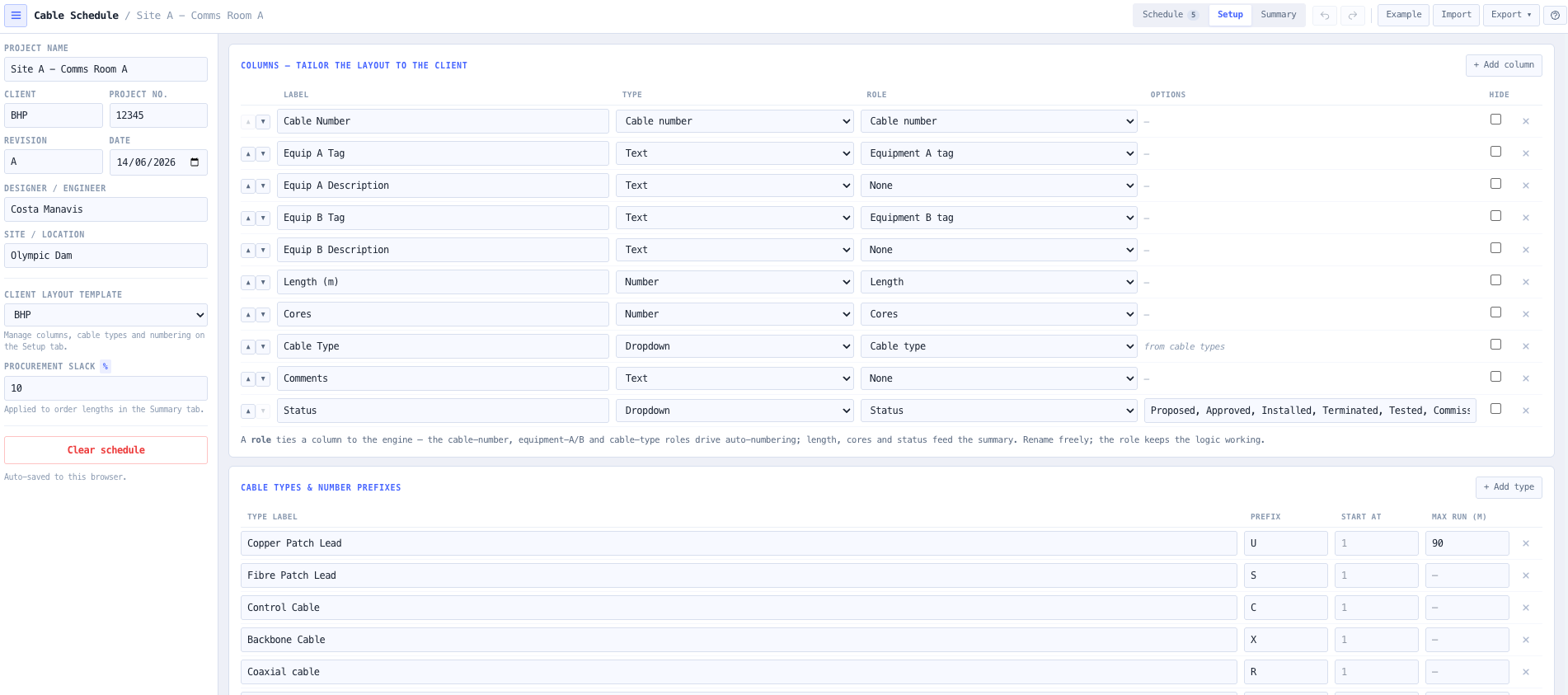 Setup tab — customisable columns with per-column type and role, tailored to the client.