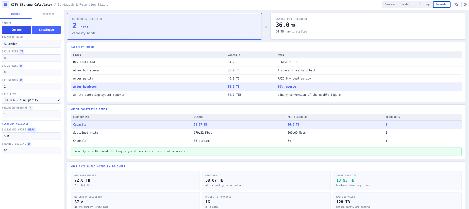 Recorder mode with the custom versus catalogue source toggle, the published specification and its datasheet quotes, and the binding constraint table.