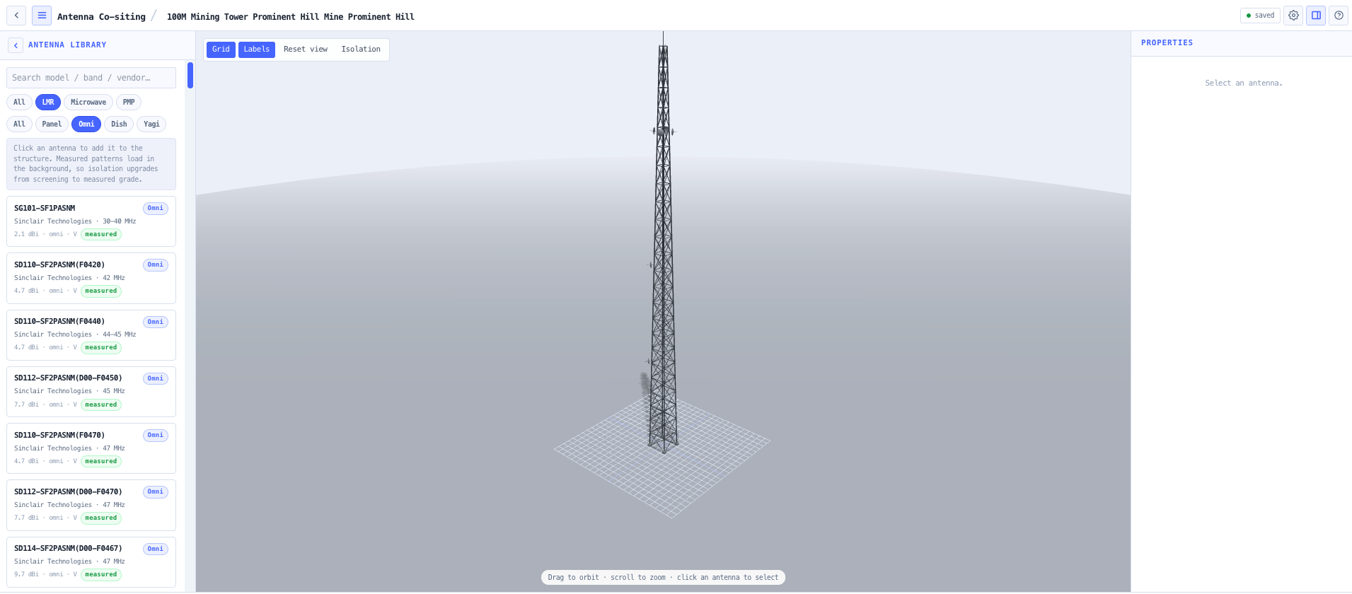 Antenna library drawn from the shared component catalogue, with measured patterns.