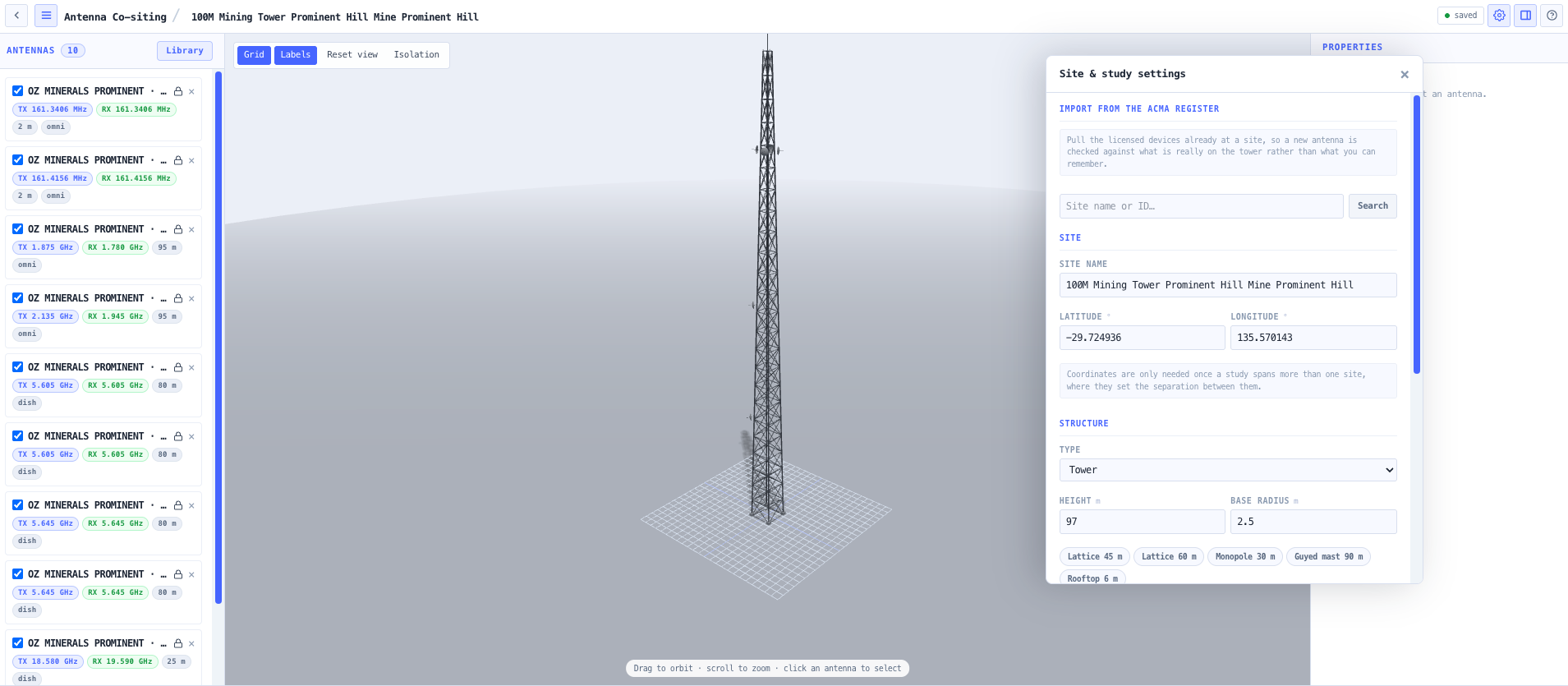 Site, structure and study settings. The taper drives mount radius at every height.