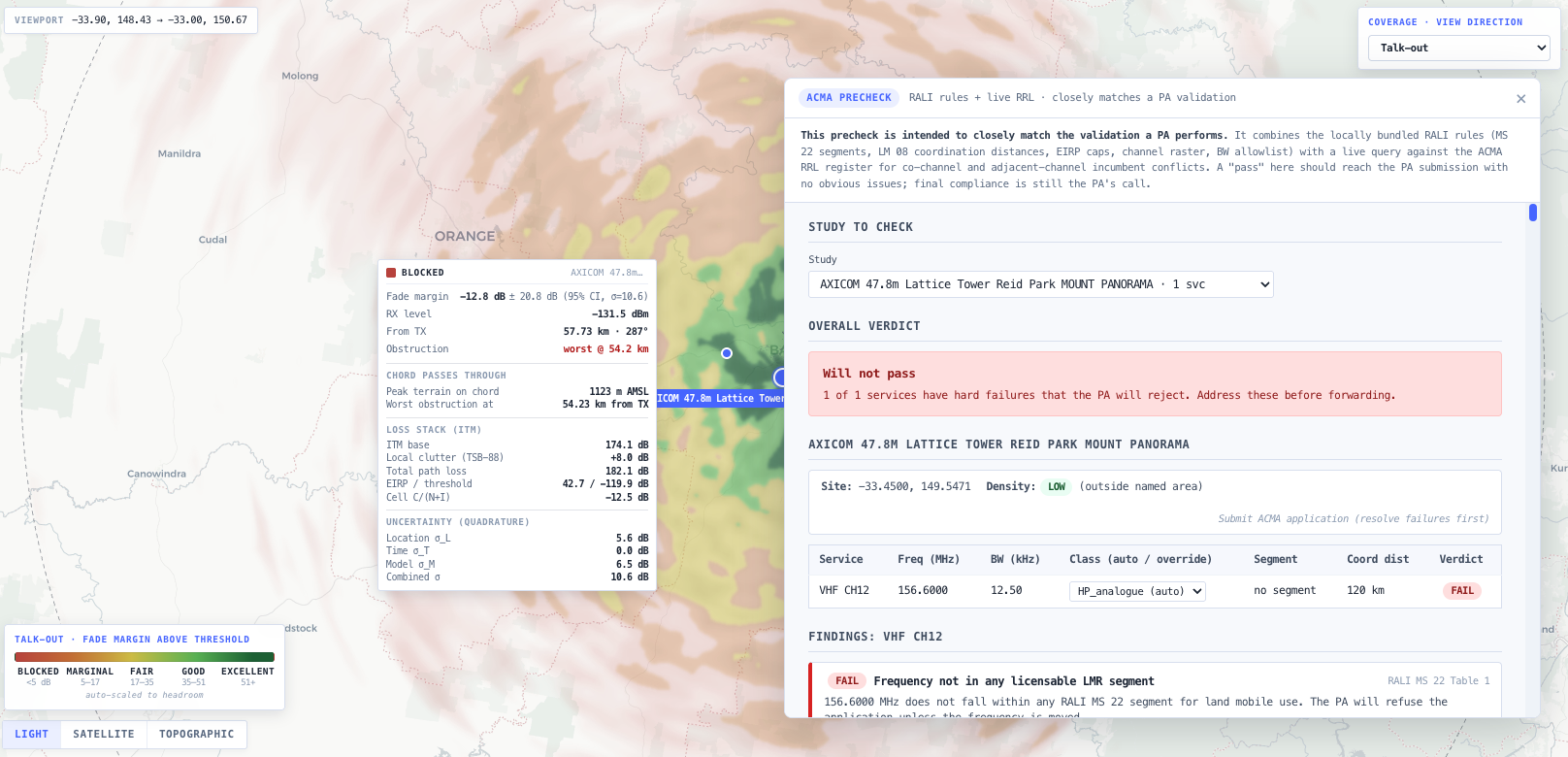 Network channel matrix with reuse conflicts, plus ACMA coordination precheck.