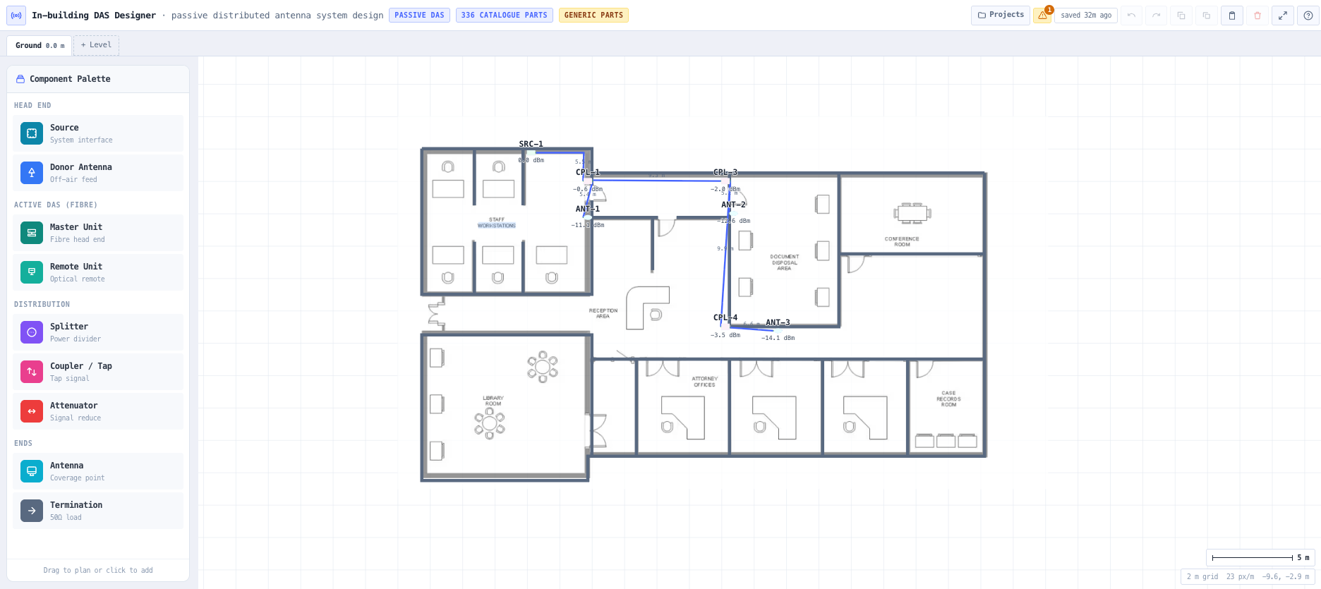 A floor plan per level, scaled by dragging it to the grid or by clicking two points a known distance apart.