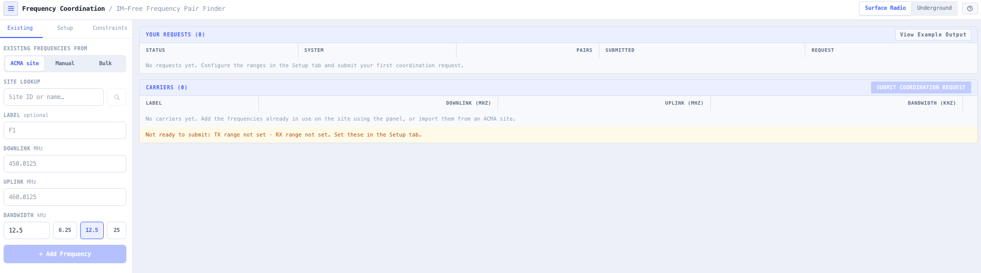 System type in the top bar, with the panel open on the Existing tab.
