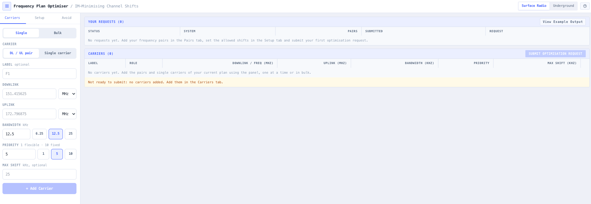 System type in the top bar, with the panel open on the Carriers tab.