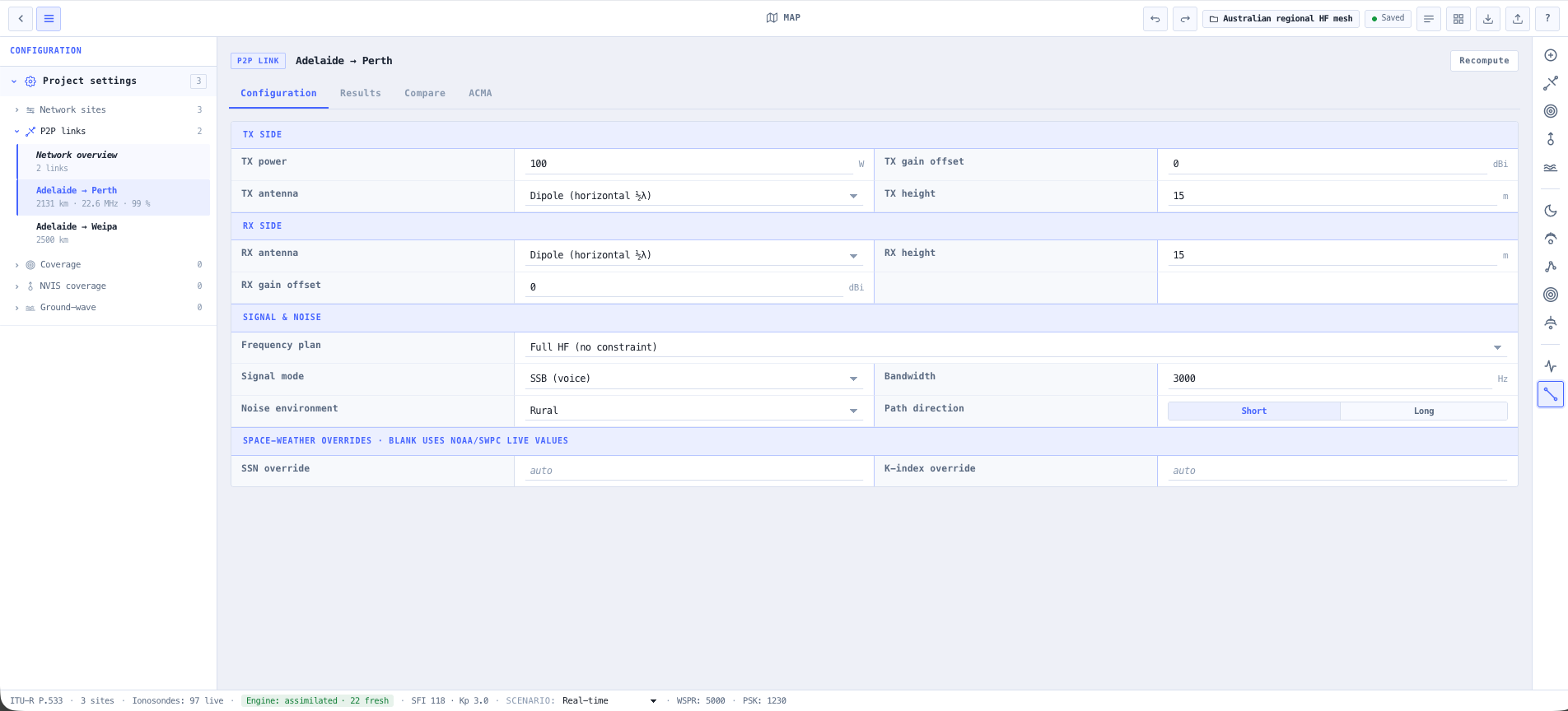 Time, frequency, antenna, and live data conditioning controls for the selected link.