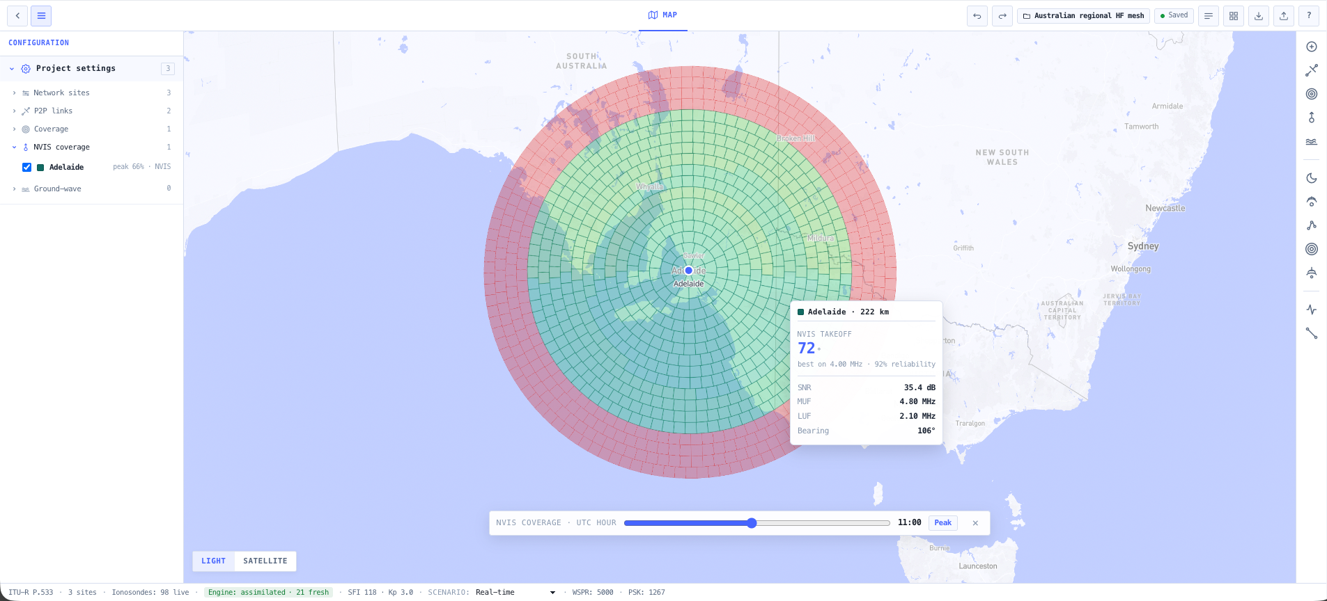 NVIS coverage tiles on the 3D globe with legend, footprint extent, and cursor read out.
