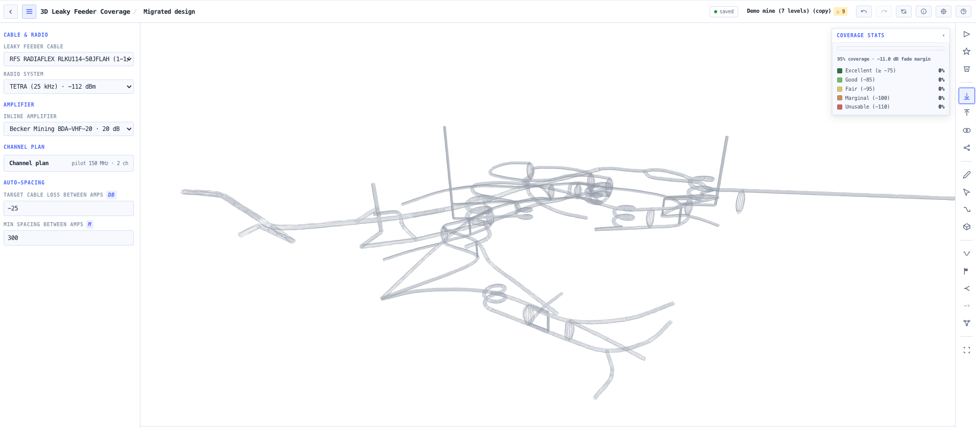 Built-in multi-level mine model (L1 through L7) with the auto-routed leaky feeder cable.