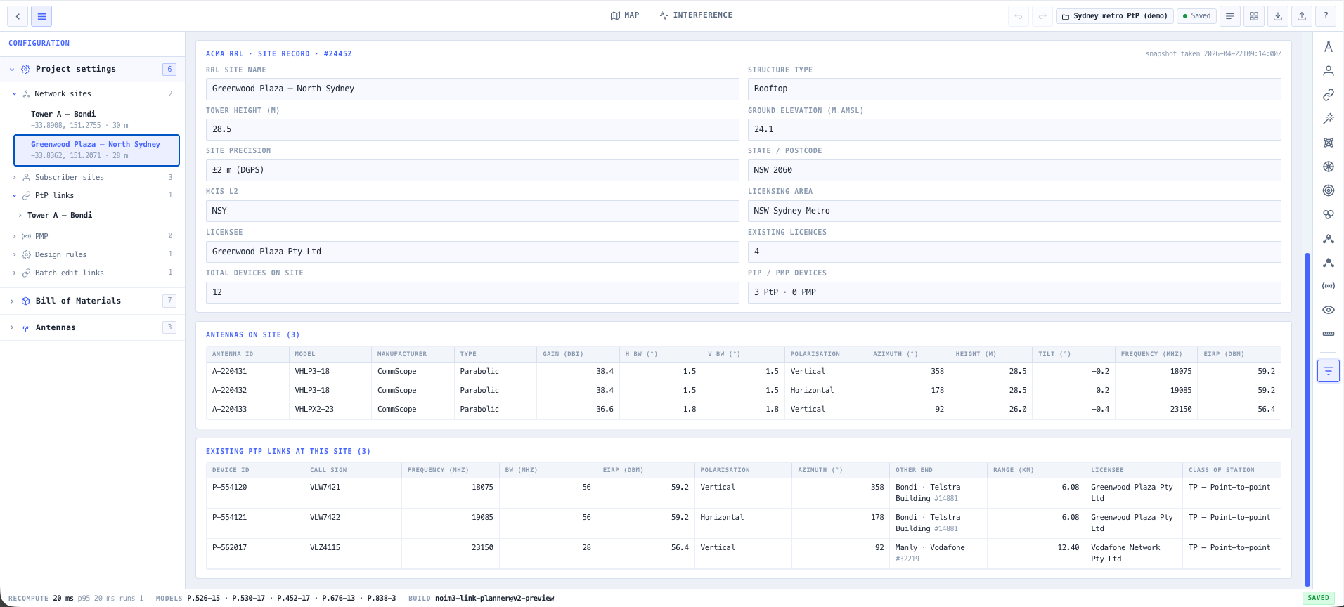 Site detail panel showing ACMA metadata and registered services at the site.