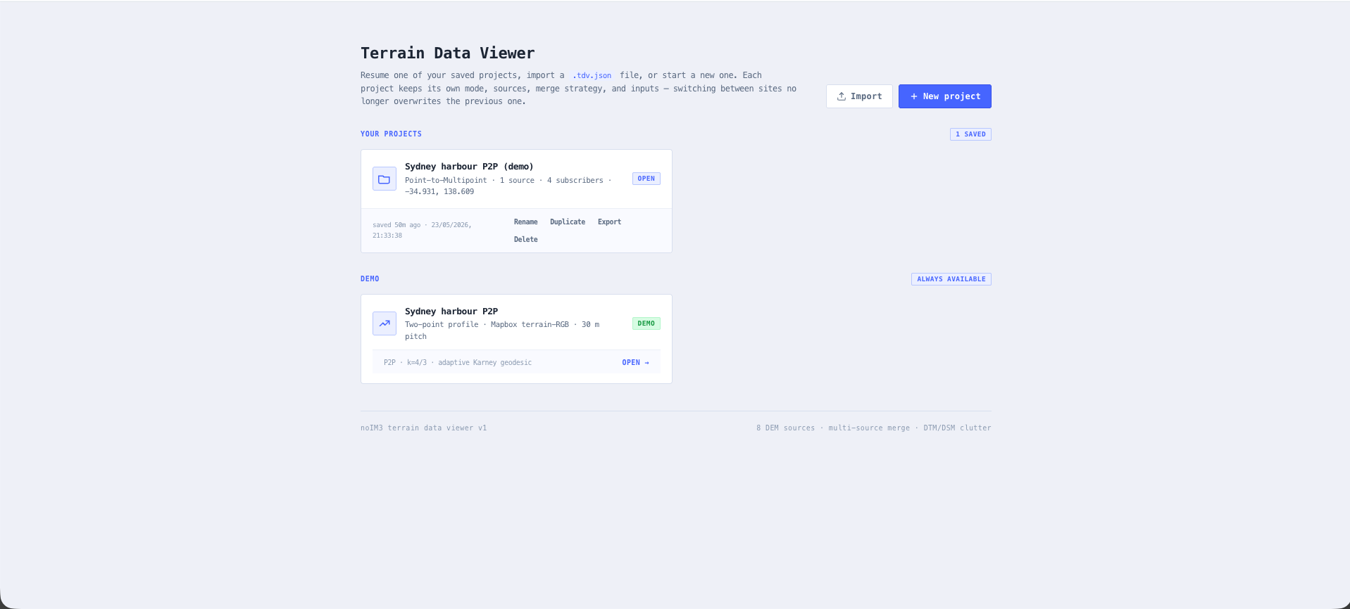 Multi project picker with new, import, demo, rename, duplicate, export, and delete actions per project.