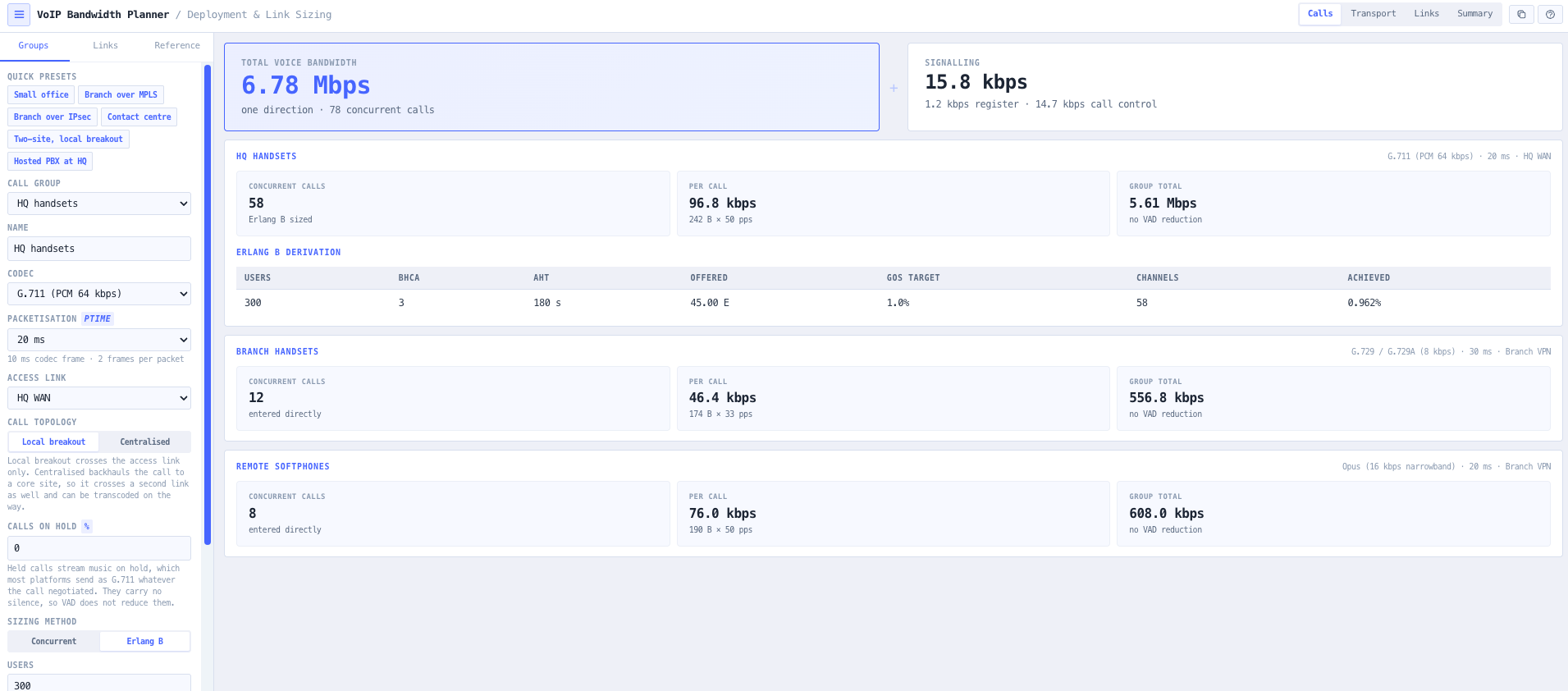 Groups tab with the codec, the packetisation interval and the access link, beside the per-group results and the Erlang B derivation.
